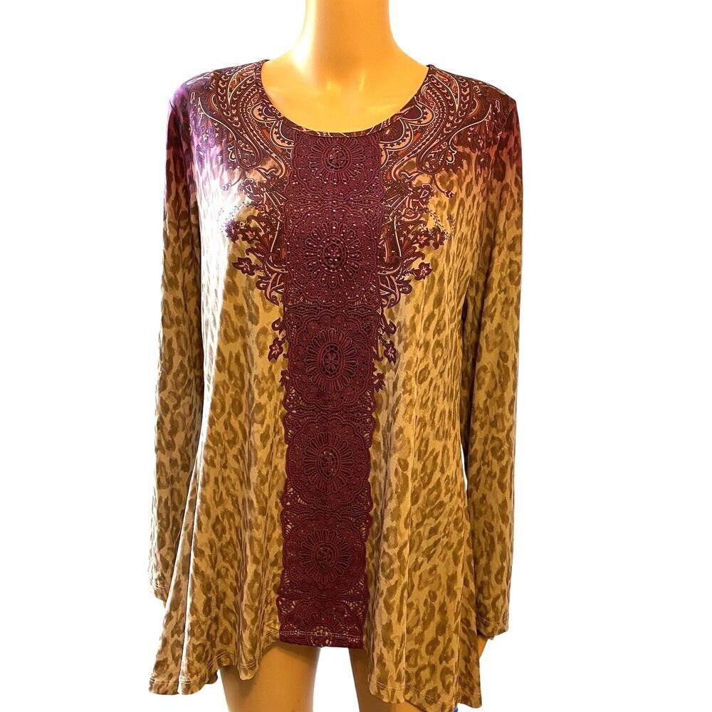 VTG OneWorld Women L Y2K TunicTop Forest Fairy Boho Lace Animal Asymmetrical